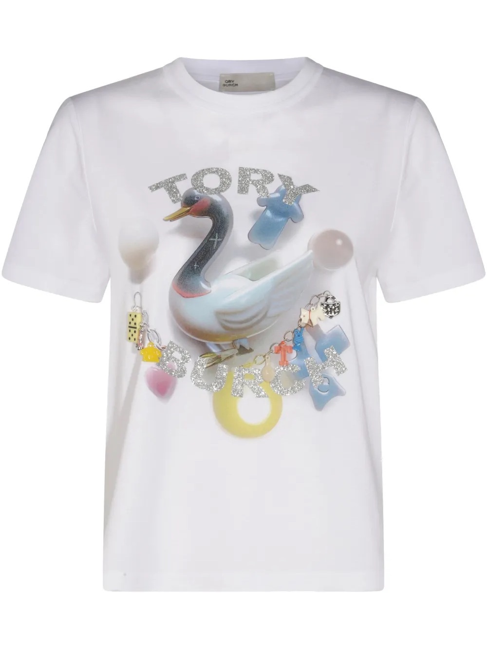 NWT Tory Burch logo-print T-shirt “Lucky Duck" Charm Cotton Glittery T-Shirt